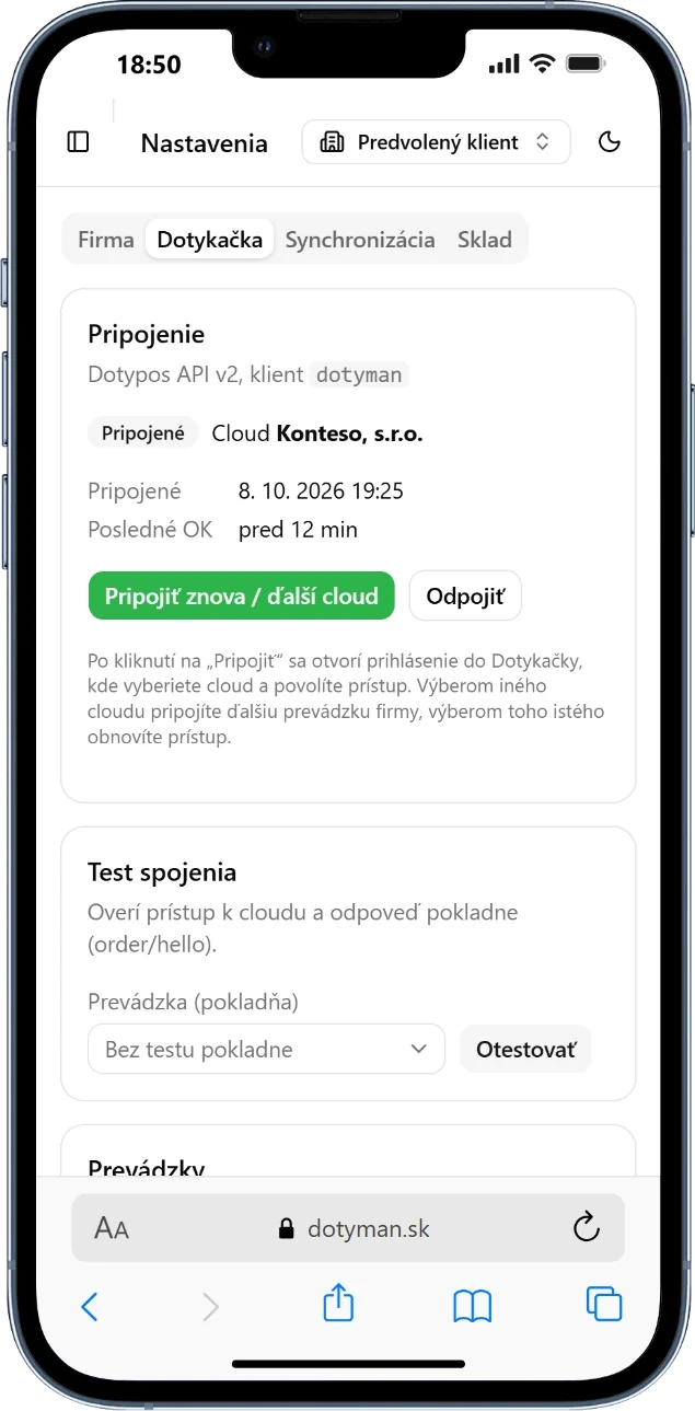 Dotyman v mobile: nastavenie pripojenia k Dotykačke